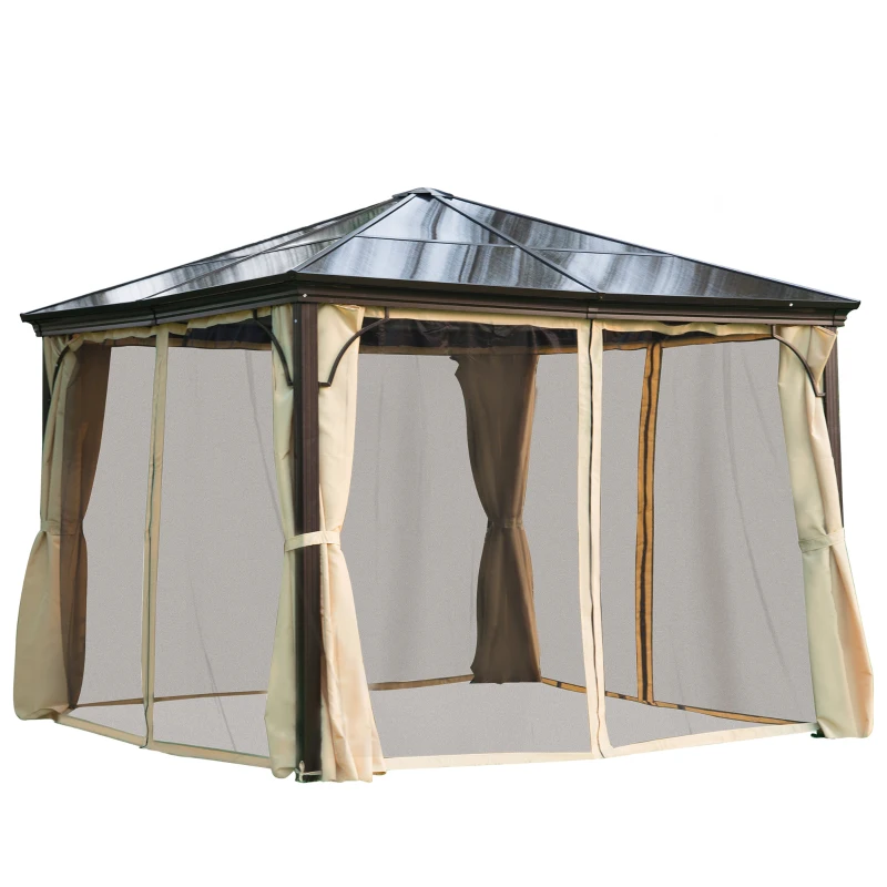 Outsunny Tonnelle pavillon de jardin imperméable 4 parois latérales anti-UV 4 moustiquaires panneaux polycarbonate alu 3L x 3l x 2,6H m chocolat beige