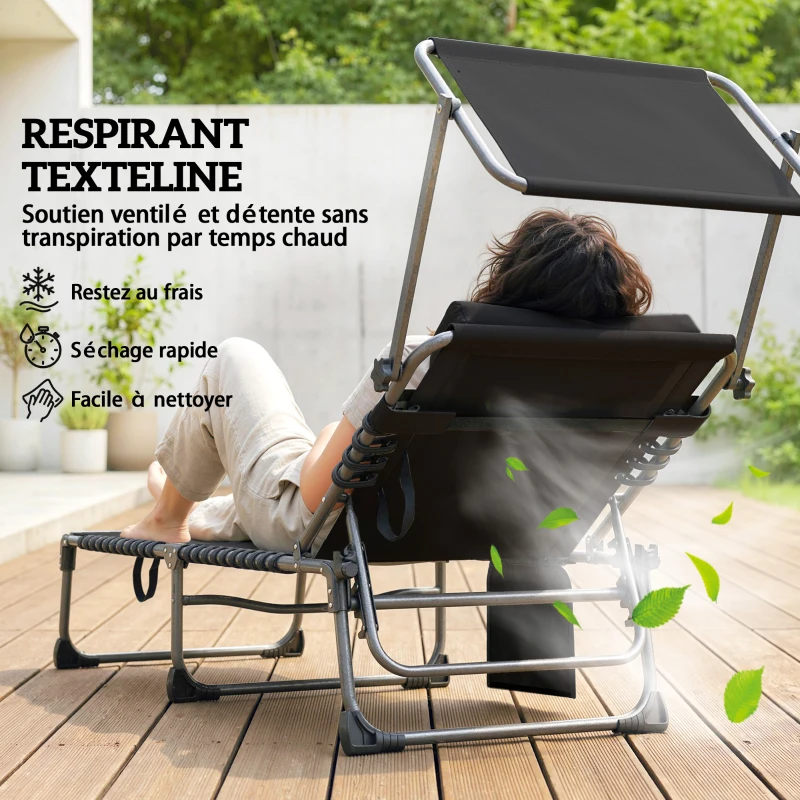 Outsunny Lot de 2 transats pliants avec pare-soleil, chaises longues inclinables avec coussin, poche latérale et poignée de transport, gris foncé