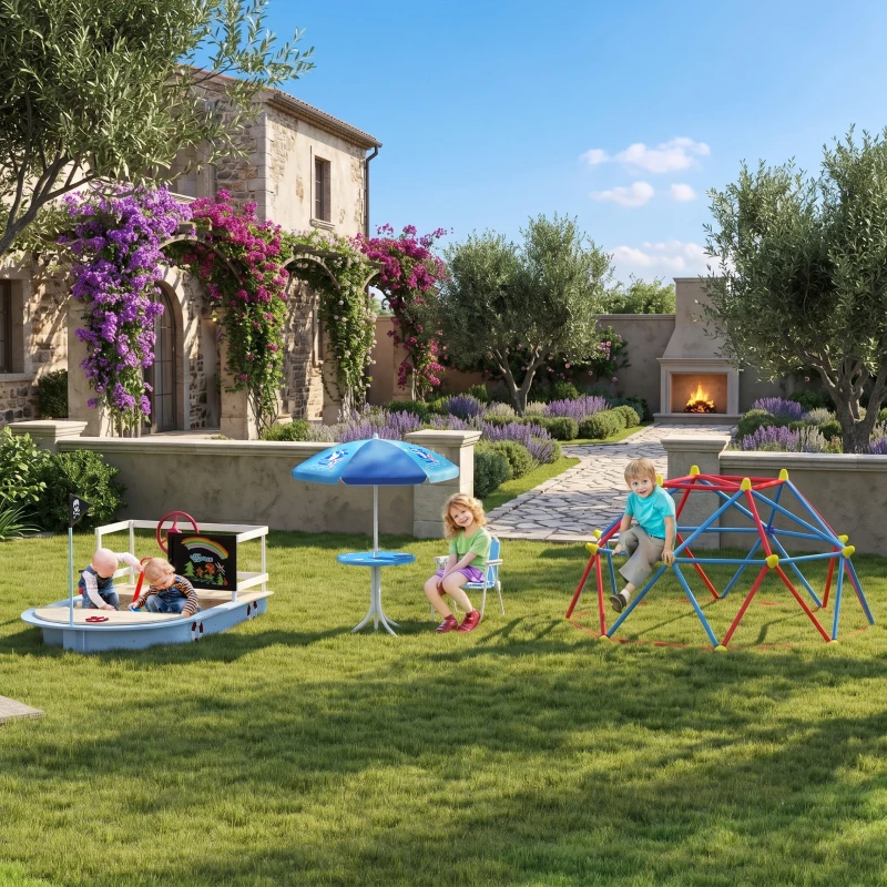 Outsunny Kids Outdoor Bistro Table and Chair Set, Folding Garden Furniture w/ Shark Design, Removable, Adjustable Sun Umbrella, Ages 3-6 Years - Blue