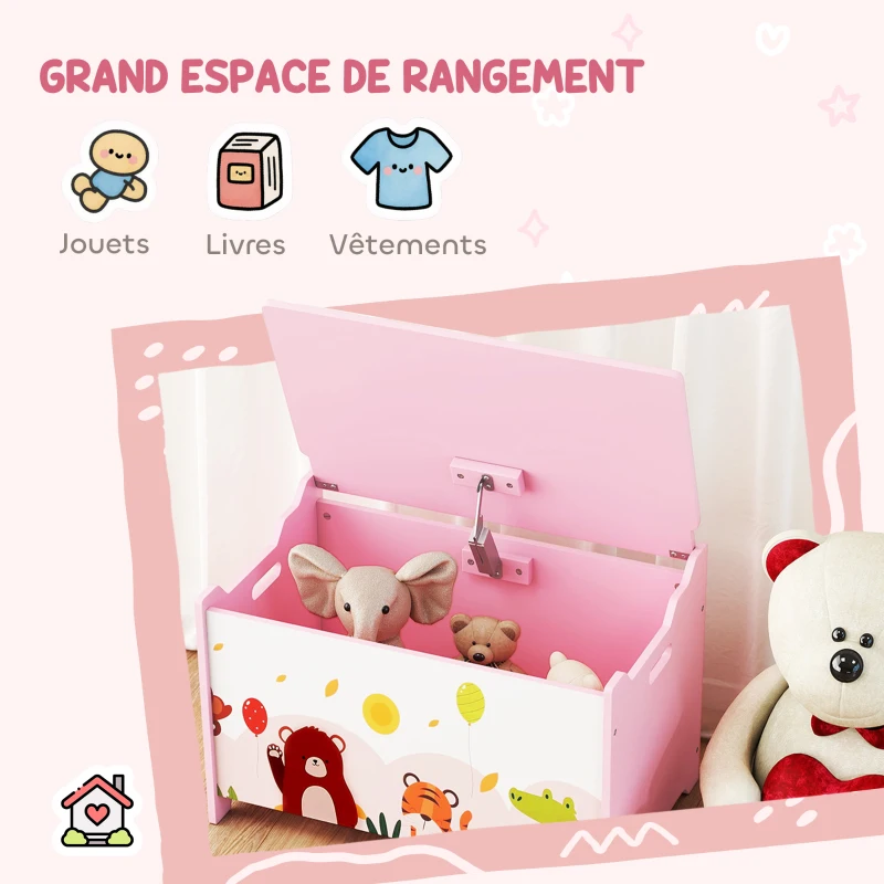 AIYAPLAY Coffre à jouet enfant coffre de rangement enfant couvercle rabattable motif animal 60 x 37 x 39 cm rose