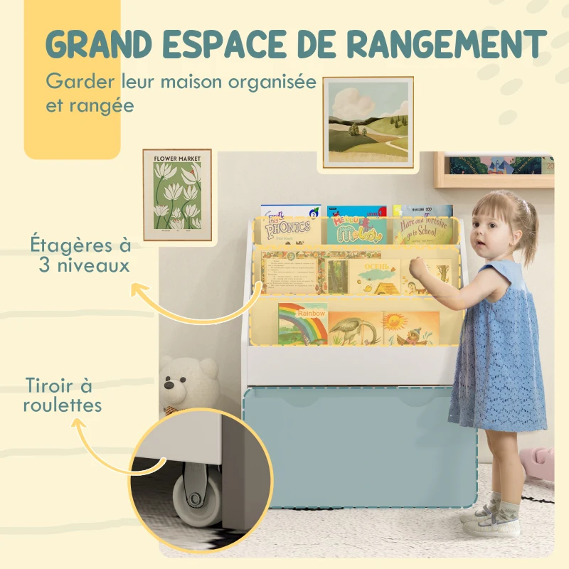 AIYAPLAY Bibliothèque pour enfants Multi-Rangement avec 3 niveaux d'étagères et un tiroir, 62,5L x 30l x 70H cm, blanc