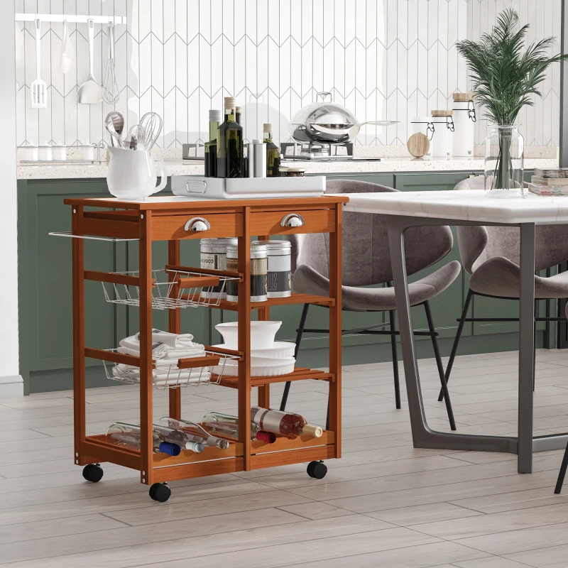 HOMCOM Carrito para Cocina Multifuncional Carrito Auxiliar de Madera con Gran Espacio de Almacenaje Cajones Cestas Estantes 4 Ruedas Freno