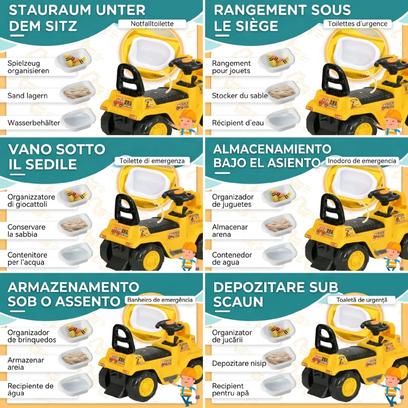 HOMCOM Escavator pentru Copii cu Cupă și Spațiu de Depozitare Ascuns, în PP și ABS, 80x26.5x39 cm, Galben și Negru