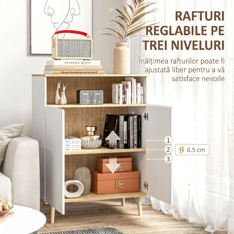 HOMCOM Bufet de bucătărie scandinav cu 2 uși, raft reglabil și picioare din lemn de pin, 80x38x102 cm, alb și stejar