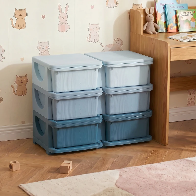 HOMCOM Organisateur de jouets pour enfants à 3 niveaux avec 6 tiroirs, boîtes de rangement en plastique, 75x37x56,5cm, bleu