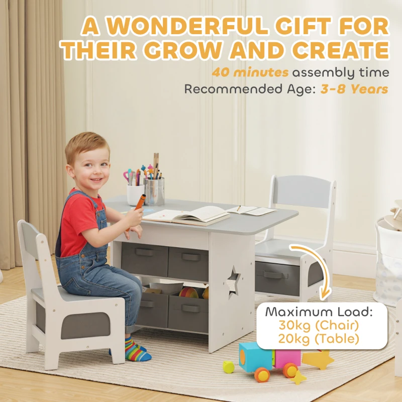 AIYAPLAY Kids Table and Chair Set, Toddler Table and 2 Chairs Set with 6 Removable Drawers, for Boys Girls Ages 3-8, Light Grey