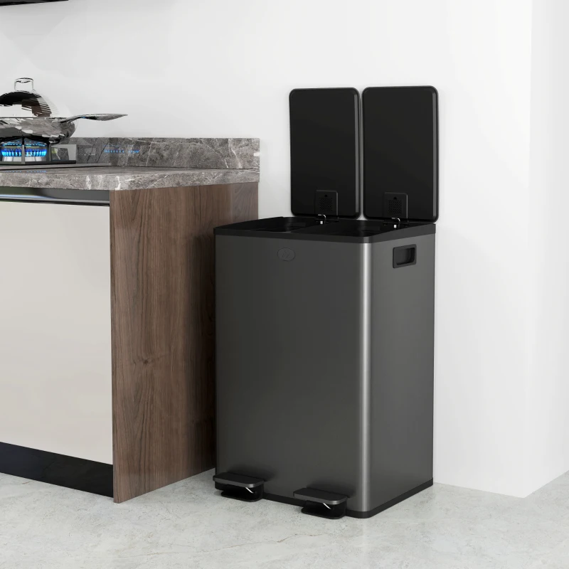 HOMCOM 2 x 28 L Doppelmülleimer, Pedalöffnung, leicht zu reinigen, Edelstahl, Kunststoff, Schwarz