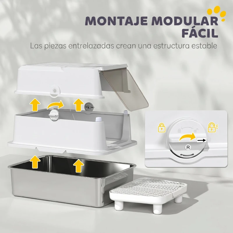 PawHut Arenero para Gatos de Acero Inoxidable XL Cerrado con Tapa Abatible Borde Alto Pala Metálica Antifugas Gris Claro
