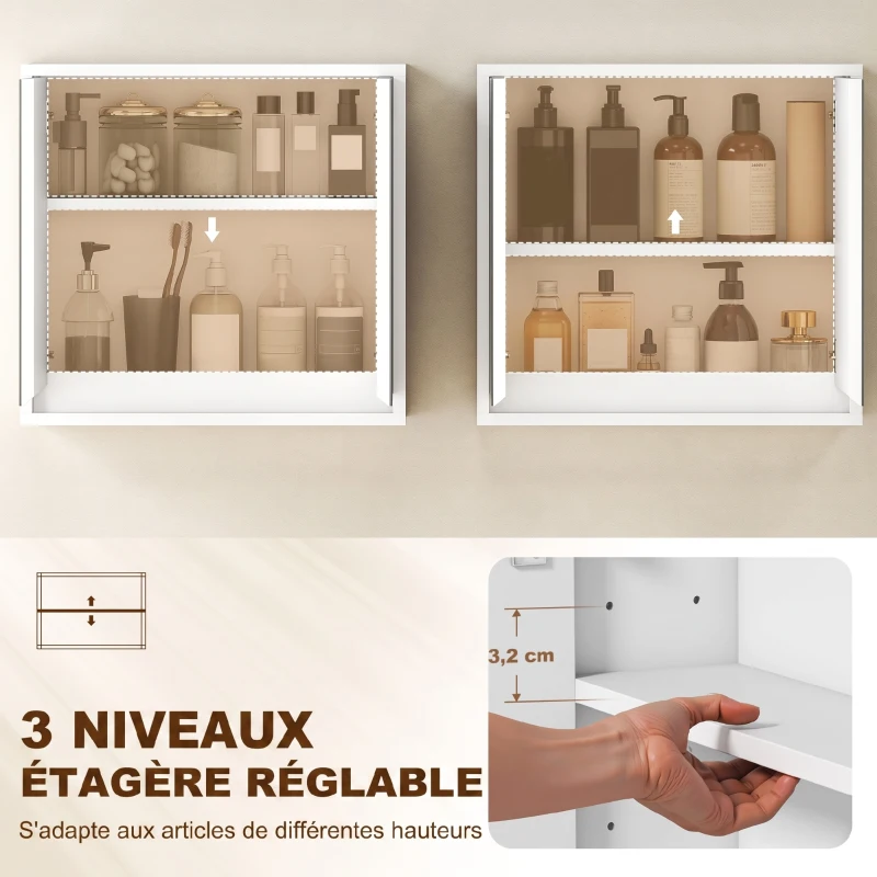 HOMCOM Armoire Murale Miroir Salle de Bain 2 étagères dim. 48L x 14l x 45H cm Panneaux Particules MDF Blanc