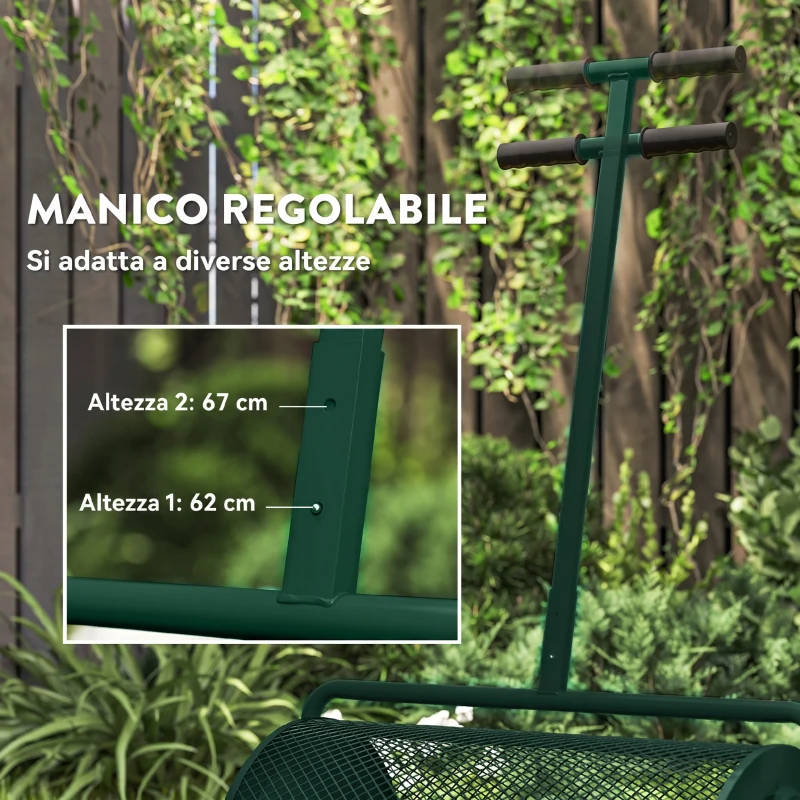 Outsunny Spandiconcime da 75L in Metallo con Manico Regolabile a T e Maniglia Imbottita, 70x40x112 cm, Verde