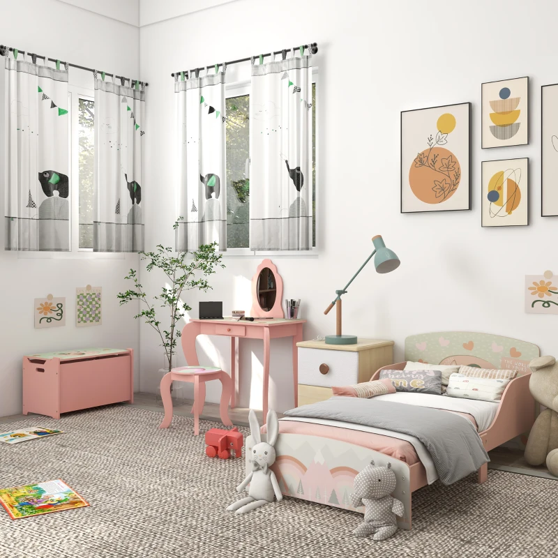 ZONEKIZ Kids Bedroom Furniture Set Includes Bed Frame, Toy Chest, Dressing Table for Ages 3-6 Years, Pink