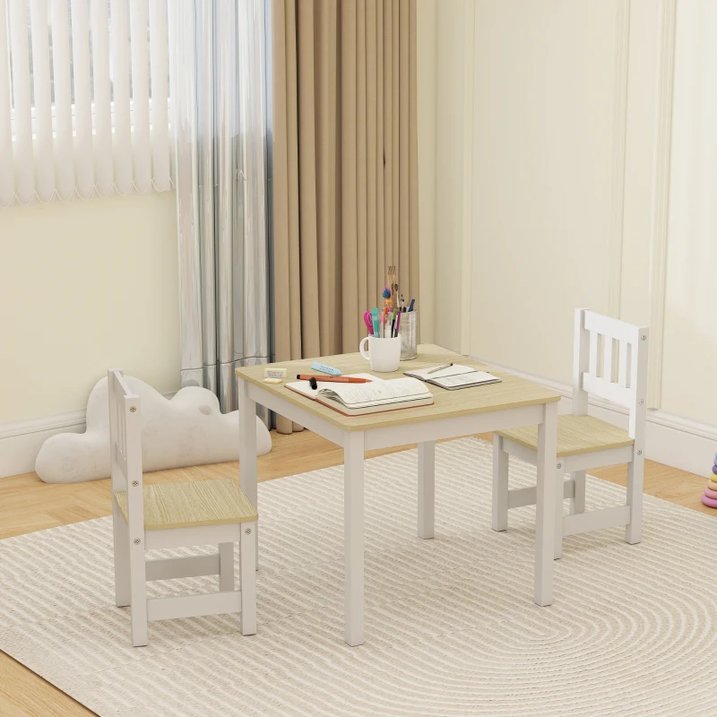 AIYAPLAY Table enfant avec chaise, lot table et 2 chaises enfant en bois pour dessiner, jouer, étudier, 56x52x48cm, bois naturel
