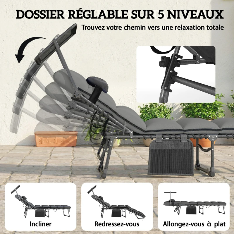 Outsunny Lot de 2 transats pliants avec pare-soleil, chaises longues inclinables avec coussin, poche latérale et poignée de transport, gris foncé