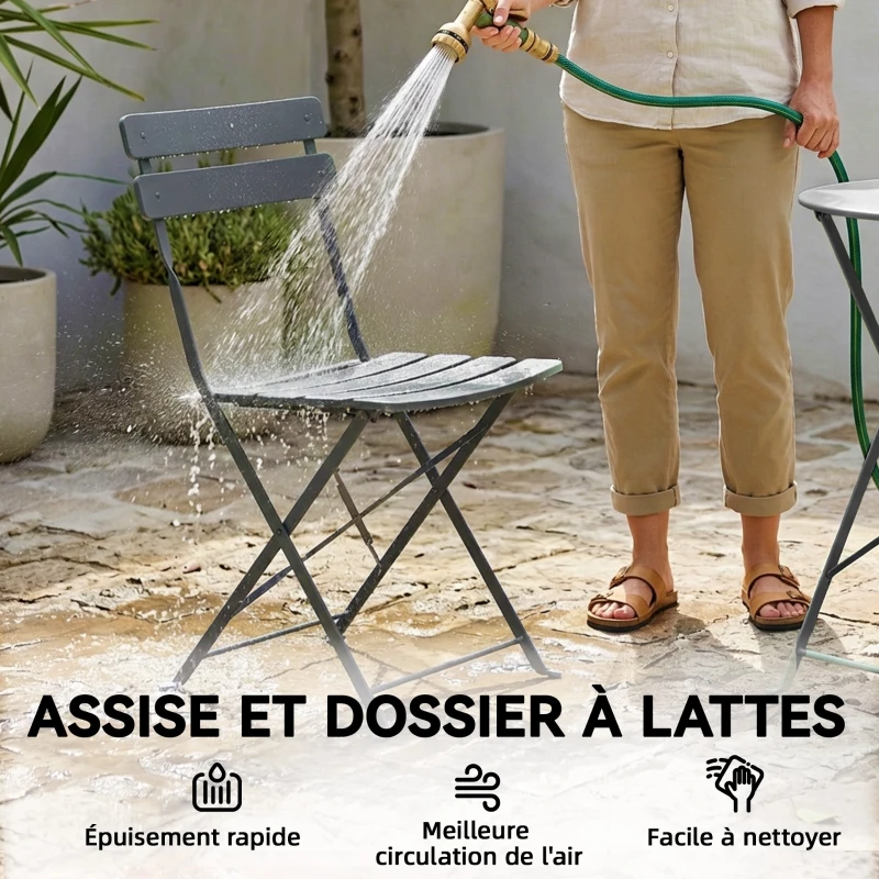 Outsunny Ensemble de Bistrot Jardin 3 Pièces Table et 2 Chaises Pliantes avec Double Protection Anti-Rouille Métal Gris