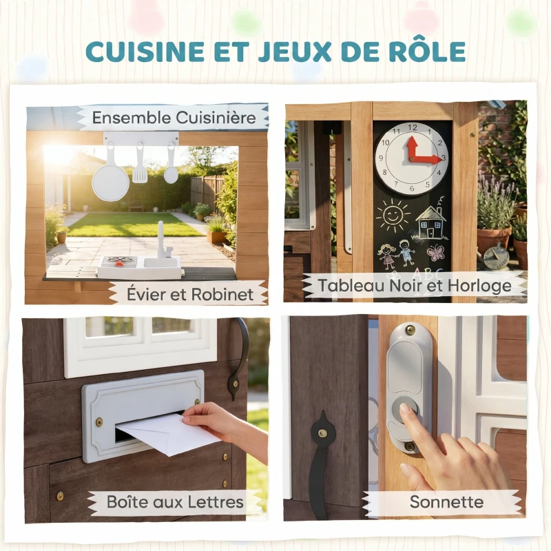 AIYAPLAY Cabane enfant extérieur en bois, maison enfant extérieure/intérieure avec chatière, cuisine de jeu, marron
