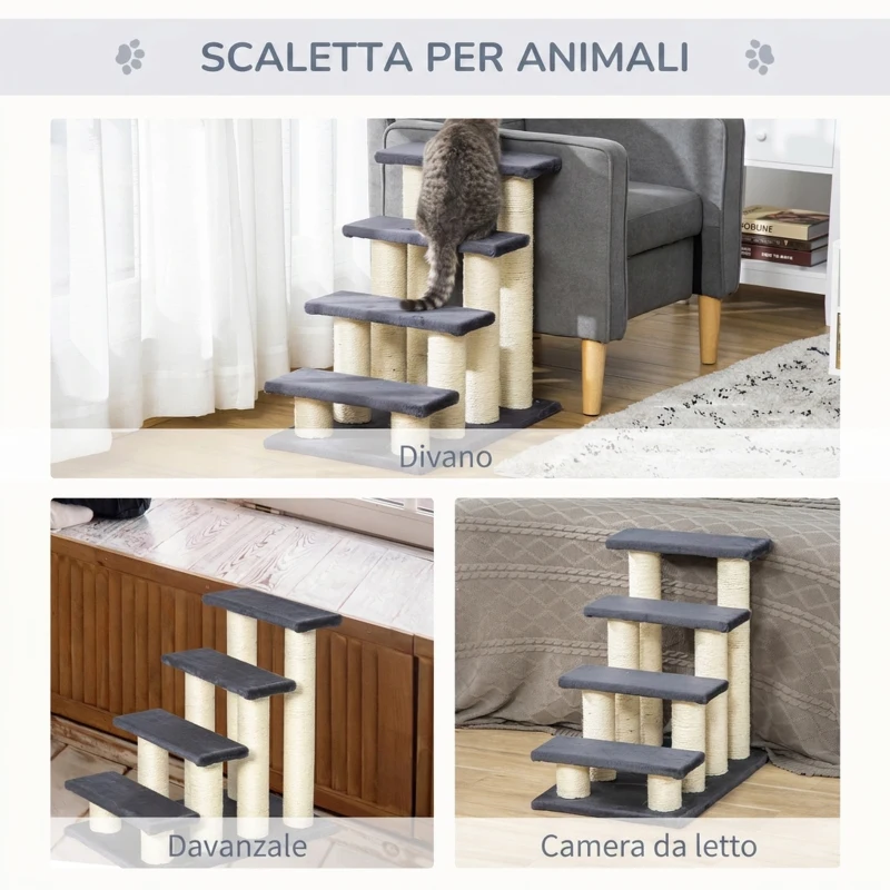 PawHut Scaletta per Cani e Gatti a 4 Gradini con Rivestimento in Peluche e Pali Graffiatoio in Sisal, Grigio