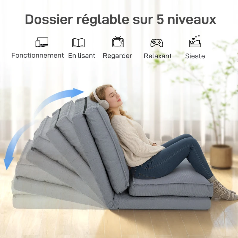 HOMCOM Fauteuil de sol pliable en velours côtelé, matelas de sol avec dossier réglable en 5 positions, 59 x 230 x 15 cm, gris