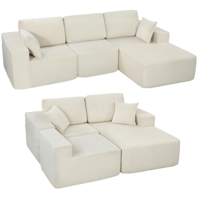HOMCOM Canapé d'angle modulable 2 en 1, 267cm, canapé-lit 3 places en velours côtelé, larges assise et accoudoirs, crème