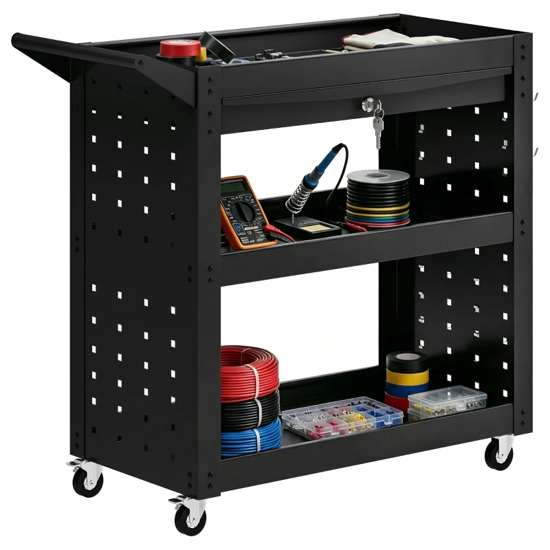 HOMCOM Tool Cart with Lockable Wheels, Rolling Workshop Cart with 3-Tier Trays, Drawer, Pegboards, Black
