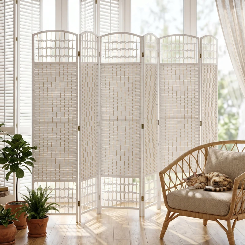 HOMCOM 6 Panel Folding Room Divider, Privacy Screen, Paravent Partition Separator for Living Room, Bedroom, White