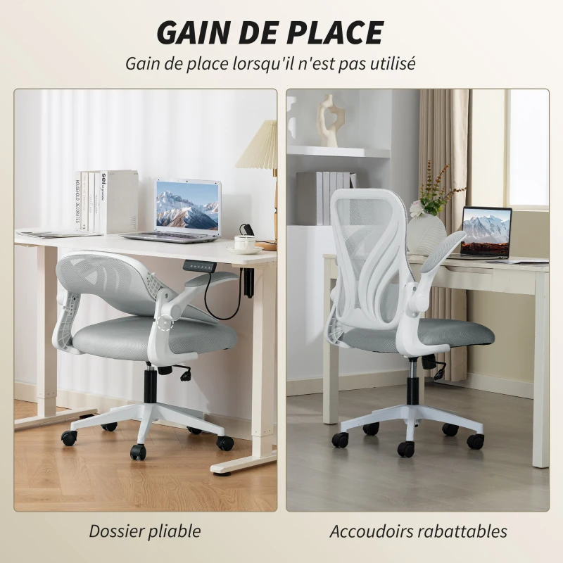 HOMCOM Chaise bureau ergonomique, fauteuil de bureau maille, dossier rabattable, accoudoirs relevables, 73x62x101-111cm, gris