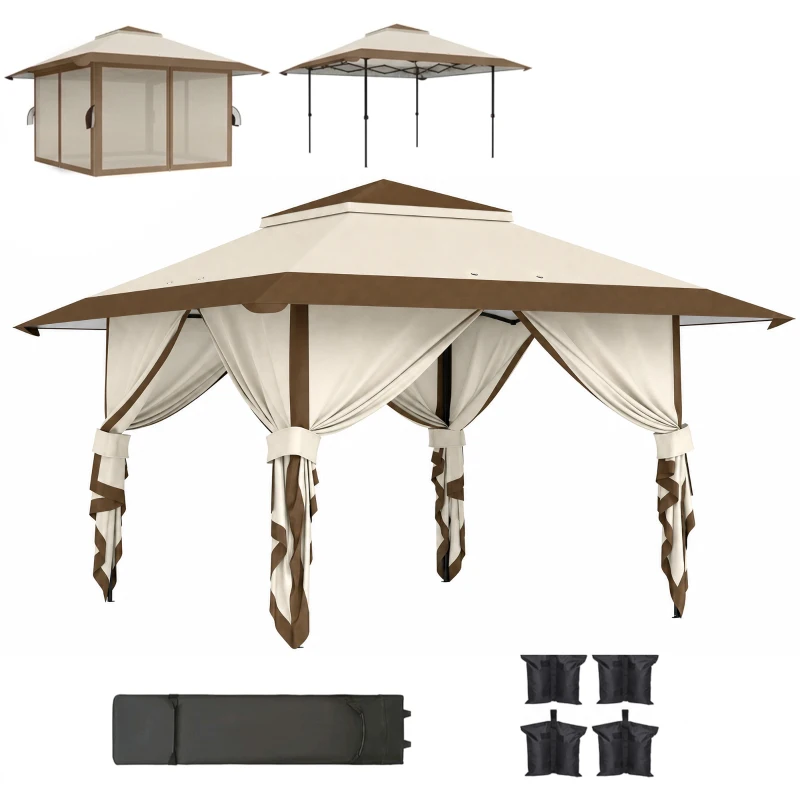 Outsunny Tonnelle pliante barnum parois en filet et protection UV50+ hauteur réglable et double toit sacs de lestage 4x4m beige