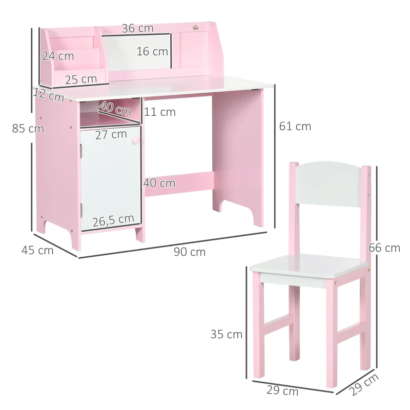 HOMCOM Set Tavolo e Sedie per Bambini 5+ Anni in Legno con Banco Scuola e Sedia Bianco e Rosa