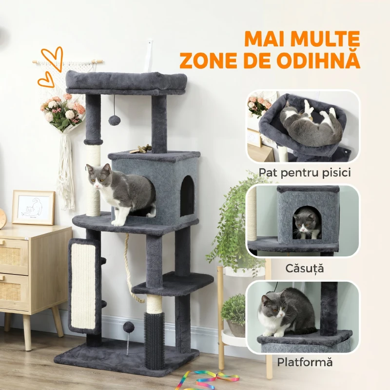 PawHut Ansamblu Multinivel pentru Pisici, 132 cm, cu Căsuță, Culcuș, Stâlpi de Zgâriat, Perie și Minge, Gri Închis