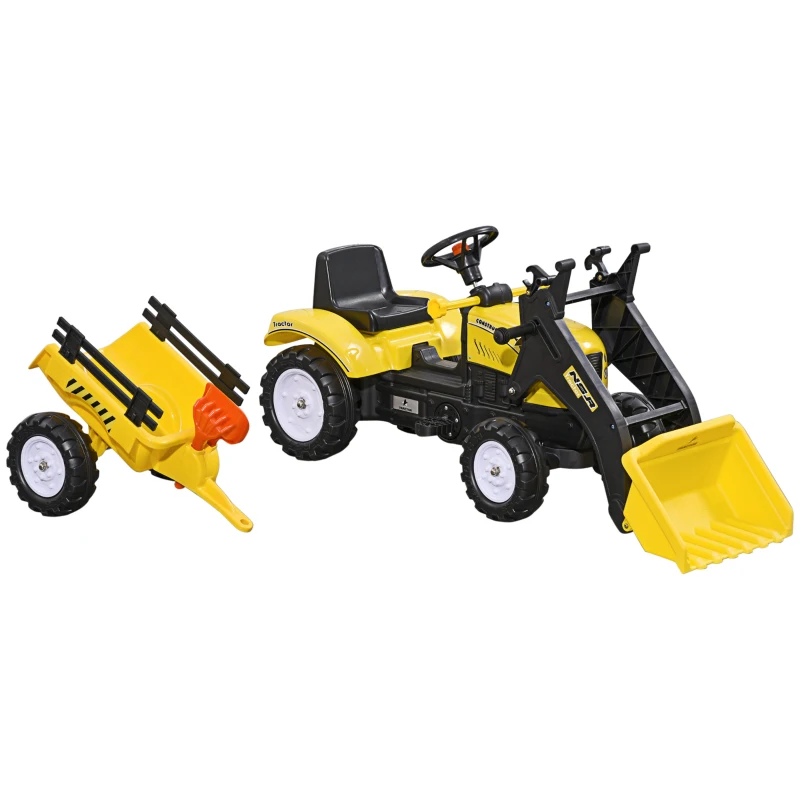 HOMCOM Tracteur à pédales tractopelle avec remorque Pelle et râteau Jeu de Plein air Enfants à partir de 3 Ans Jaune Noir