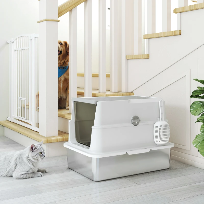 PawHut Arenero para Gatos de Acero Inoxidable XL Cerrado con Tapa Abatible Borde Alto Pala Antifugas Gris Claro