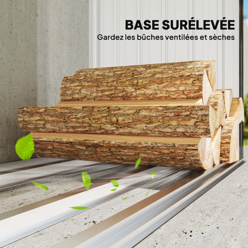 Outsunny Abri-bûches couvert support pour bois de chauffage plancher surélevé toit incliné, acier galvanisé 213x66,5x150cm gris