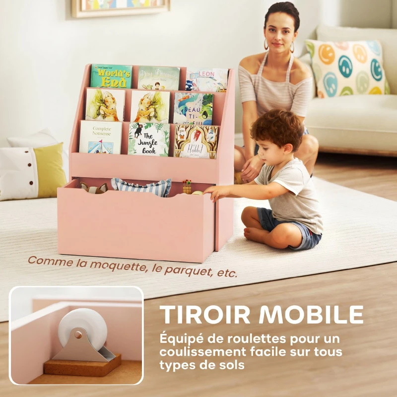 AIYAPLAY Bibliothèque pour enfants Multi-Rangement avec 3 niveaux d'étagères et un tiroir, 62,5L x 30l x 70H cm, rose