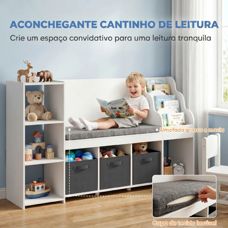 AIYAPLAY Estante Infantil para Brinquedos com Canto de Leitura Almofada 3 Gavetas de Tecido 3 Prateleiras 4 Compartimentos 137x40x80 cm Branco