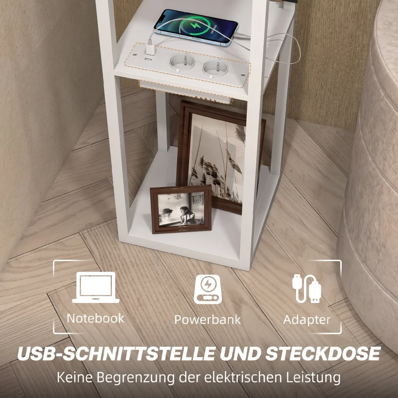 HOMCOM Stehlampe mit 3-stufigem Regal, Fußschalter, USB-Anschlüssen, MDF, Weiß