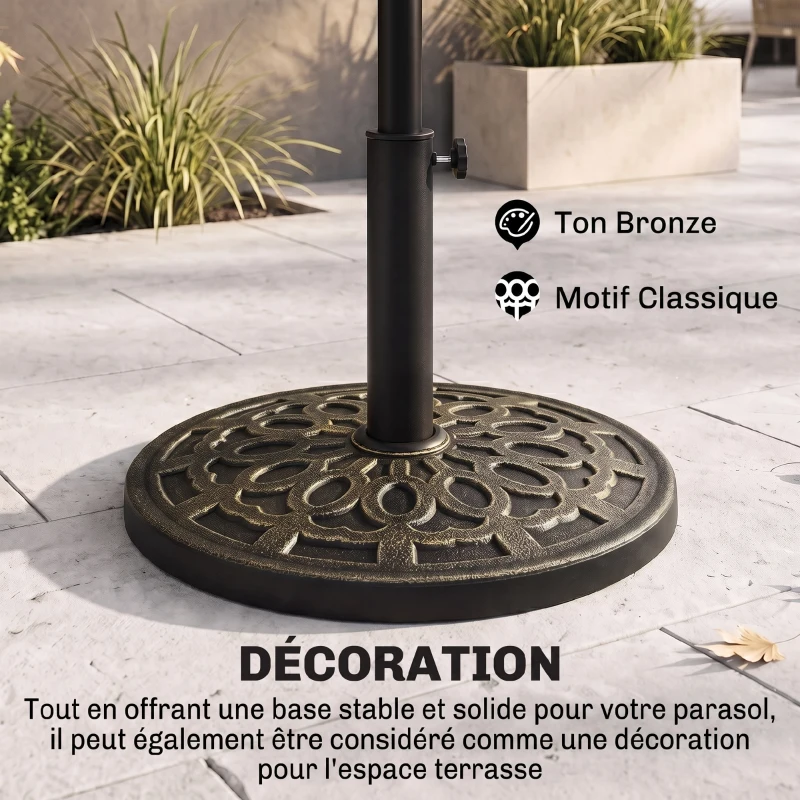 Outsunny Pied de parasol, socle parasol extérieur en résine 12 kg, pour mât de Ø 38/48 mm, Ø 44 x 34H cm, bronze