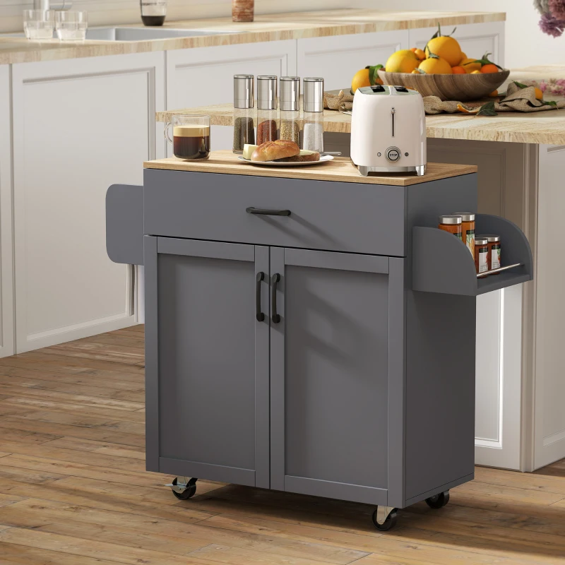HOMCOM Isla de Cocina con Ruedas con Cajón Armario con Puertas Toallero y Especiero 105x36x85 cm Gris