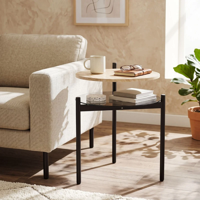 HOMCOM Măsuță laterală rotundă cu poliță deschisă din sticlă pentru spații mici, living, dormitor, 41,8 x 39,8 x 53,5 cm, stejar
