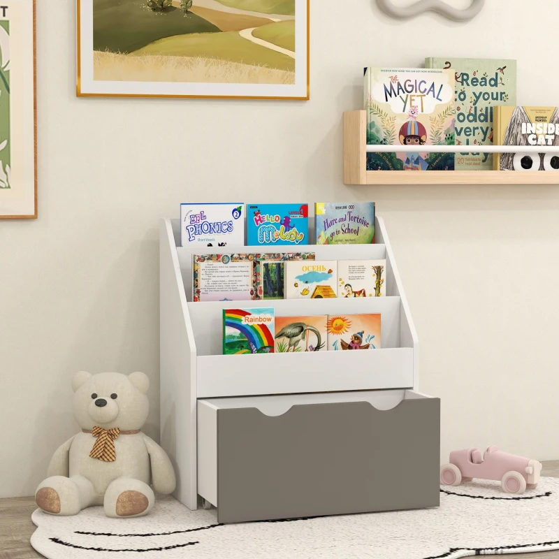 AIYAPLAY Bibliothèque pour enfants Multi-Rangement avec 3 niveaux d'étagères et un tiroir, 62,5L x 30l x 70H cm, gris et blanc