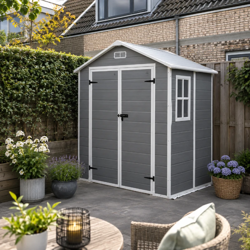 Outsunny Tuinschuur, Gereedschapsschuur met Bodem, Afsluitbare Deuren, Ventilatieopeningen, Venster, Houtlook, Kunststof, Grijs