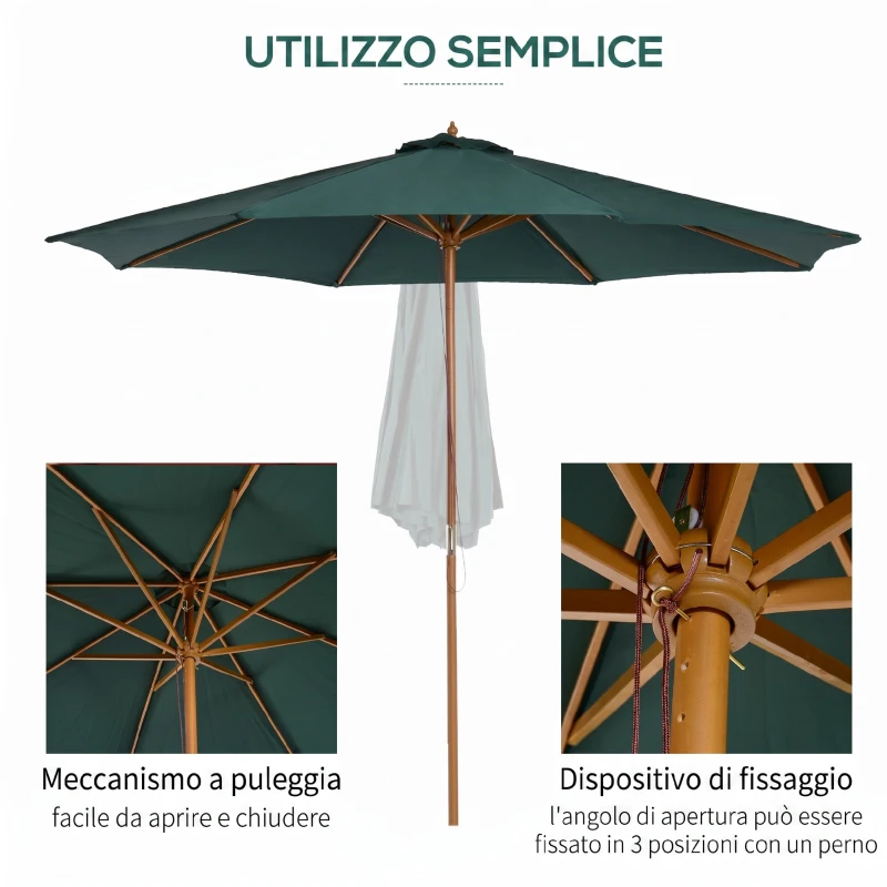 Outsunny Ombrellone da Giardino 3x2.5 m con Apertura a Corda, 8 Stecche, in Legno e Poliestere Verde Scuro