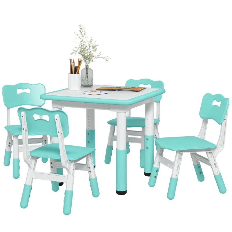 AIYAPLAY Set masă și scaune pentru copii, 5 piese cu 4 scaune reglabile 32x36x52.5-56 cm și masă 60x60x46-58 cm, verde