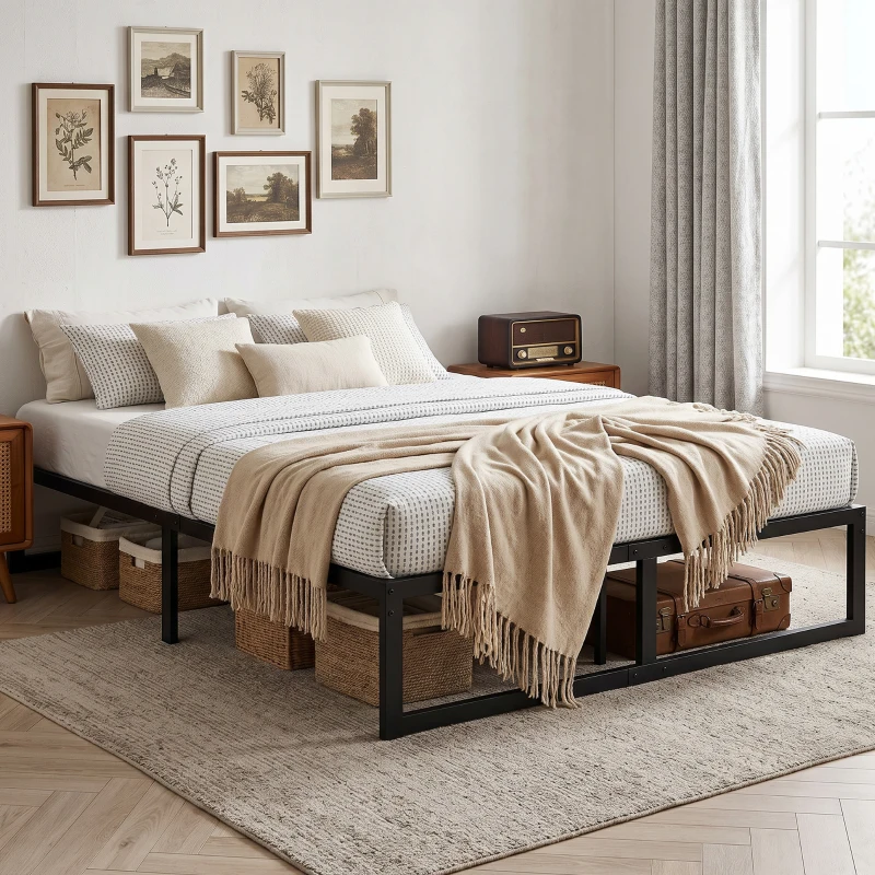 HOMCOM 4ft6 Double Bed Frame with Underbed Storage and Steel Slat Support, 32.5 cm Height, Noise-Free, Black