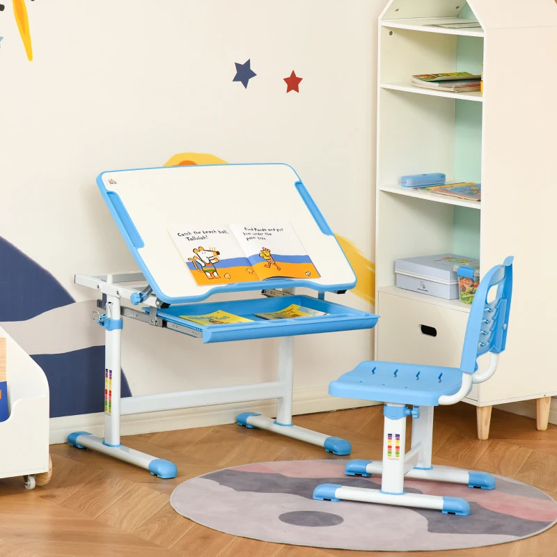HOMCOM Banco Scuola per Bambini 6-12 Anni con Sedia Regolabile, Cassetto e Piano Inclinabile, 66x47x52-77 cm, Blu