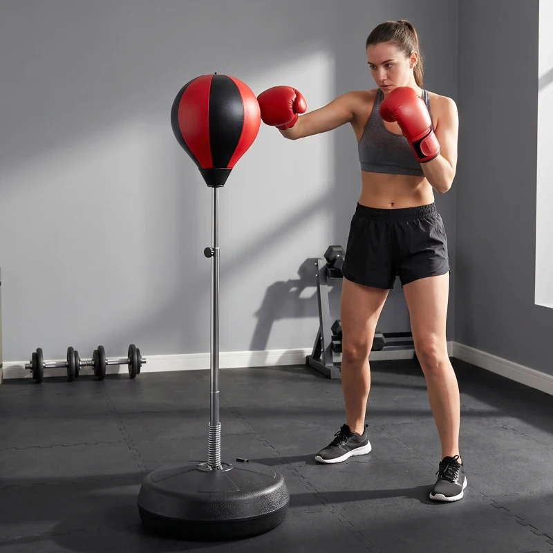HOMCOM Punching Bag with Stand, 126-144 cm Height Adjustable Boxing Set Free Standing Speed Bag with Gloves and Air Pump for Teenagers Home Gym Workout