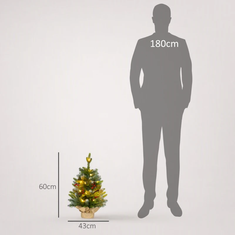 HOMCOM Sapin de Noël 60 cm arbre de Noël de table avec lumière LED, 141 pointes, pommes de pin et baies rouges, base en béton