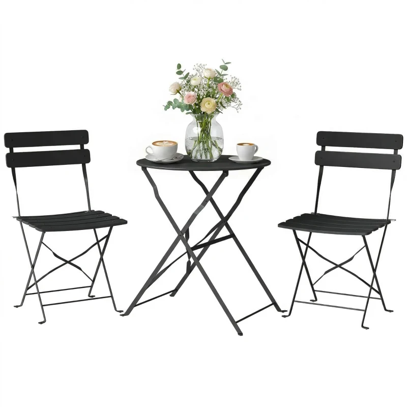 Outsunny Ensemble Bistrot de Jardin 3 Pièces Table et 2 Chaises Pliantes à Lattes Double Protection Antirouille Noir