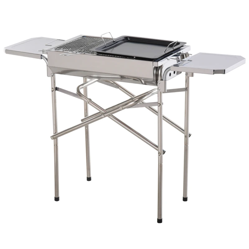 Outsunny Barbacoa de Carbón Portátil de Acero Inoxidable con 2 Estantes Laterales Bandeja y Parillas al Aire Libre para BBQ Camping Senderismo Picnics 104x30x68 cm Plata
