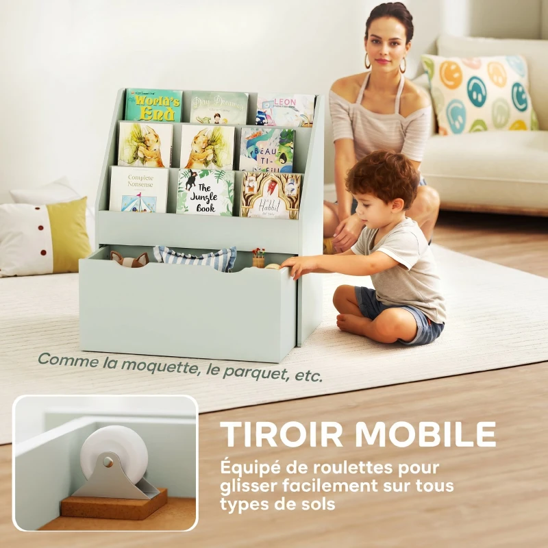 AIYAPLAY Bibliothèque pour enfants Multi-Rangement avec 3 niveaux d'étagères et un tiroir, 62,5L x 30l x 70H cm, vert