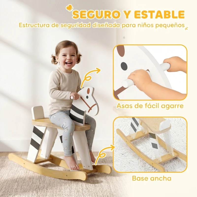 AIYAPLAY Caballito Balancín para Bebés Caballo Balancín con Base de Madera y Respaldo para Niños de 1,5 a 3 Años Negro y Blanco