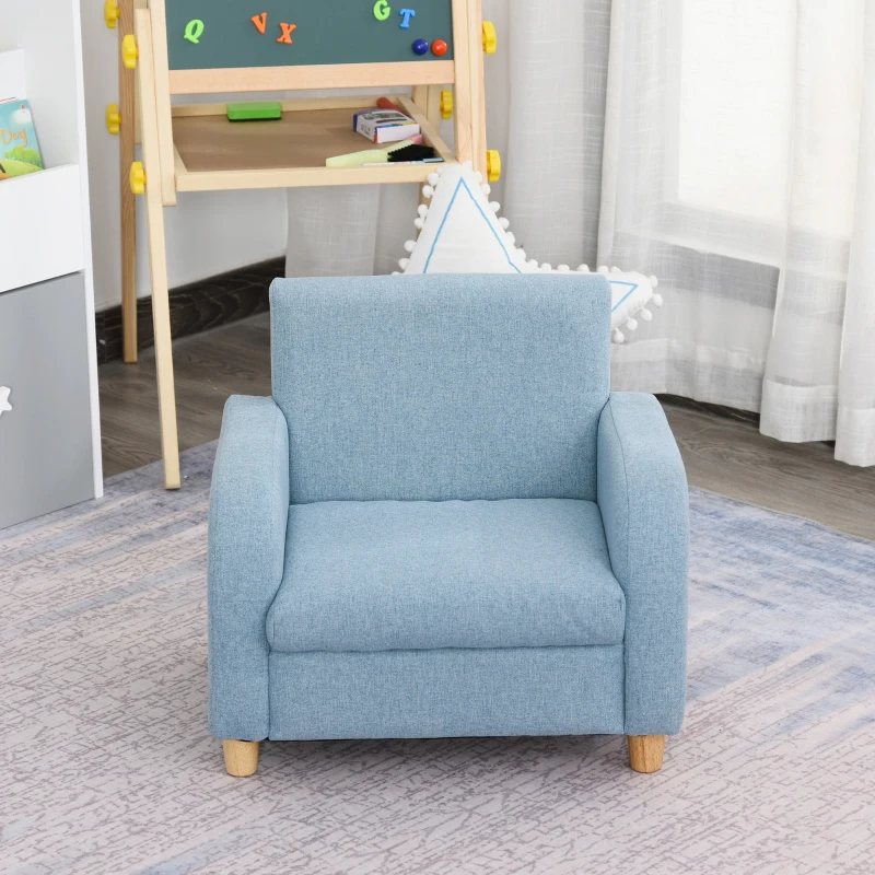 HOMCOM Fauteuil Enfant Design scandinave accoudoirs Assise Dossier garnissage Mousse piètement Bois Caoutchouc Lin Bleu